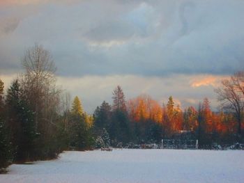 Snow covered landscape against cloudy sky