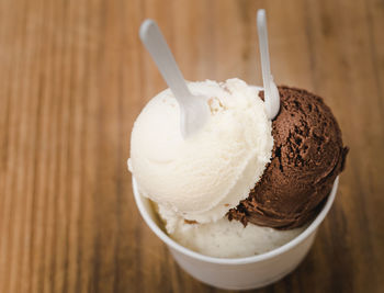 Close-up of ice cream served on table