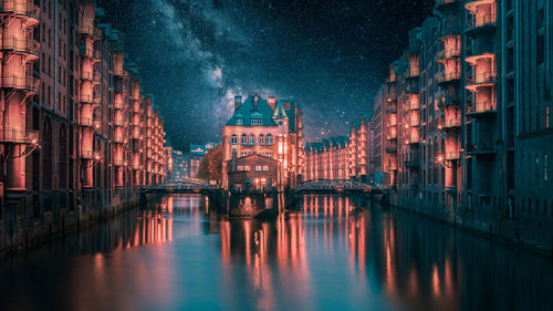 Reflection of illuminated buildings in canal at night