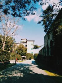 Road amidst trees and buildings against sky