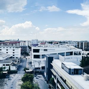 High angle view of buildings against sky