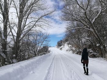 Rear view of man on snow covered tree