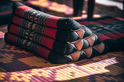 High angle view of fabrics on table