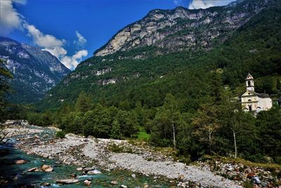 Scenic view of trees and mountains against sky