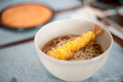 Close-up of noodles in bowl on table