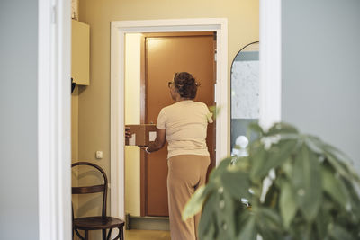 Rear view of mature woman receiving parcel while standing at doorway