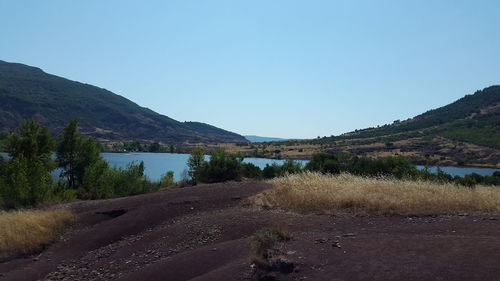 Scenic view of lake against clear blue sky