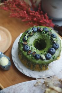 High angle view of fruits in plate on table