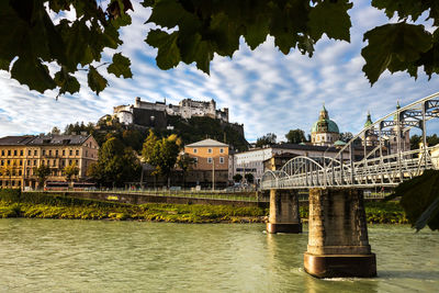 Bridge over river by buildings in city against sky