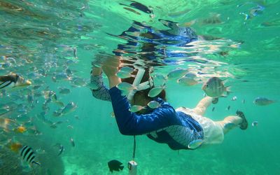 Woman swimming by fish in sea