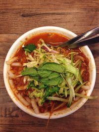 Close-up of soup in bowl on table