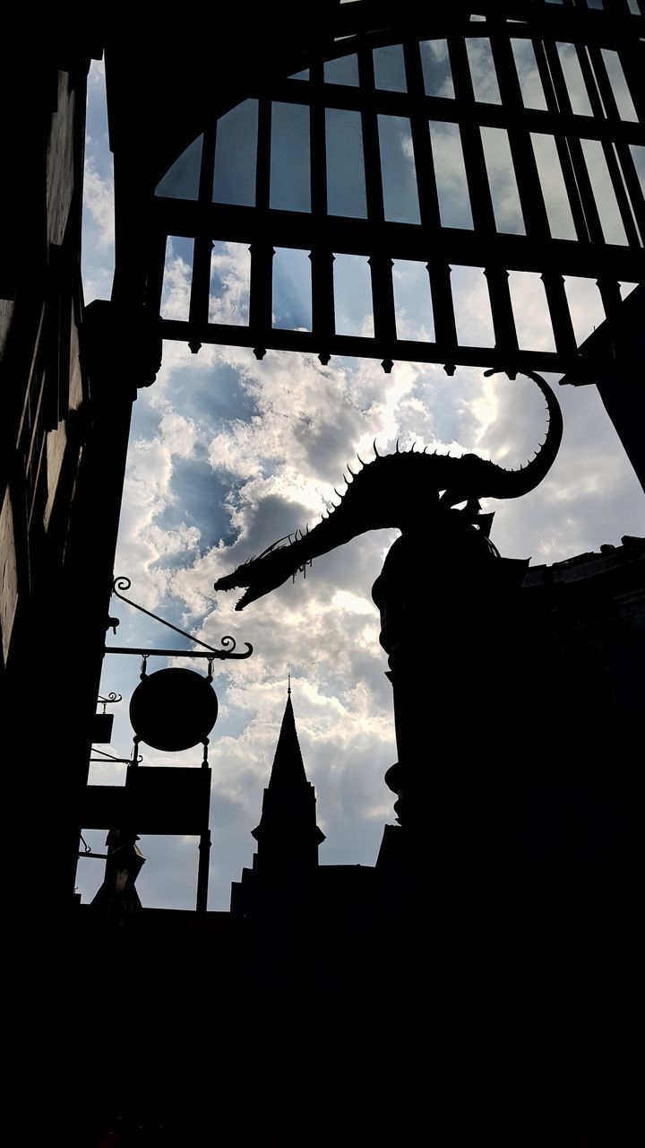 LOW ANGLE VIEW OF SILHOUETTE BUILDINGS AGAINST SKY IN CITY