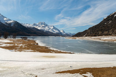 Switzerland, february 21, 2023 panorama with the lake of silvaplana and the mount corvatsch 