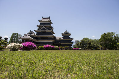 Temple on field against clear sky