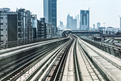 Railroad tracks amidst buildings in city against sky