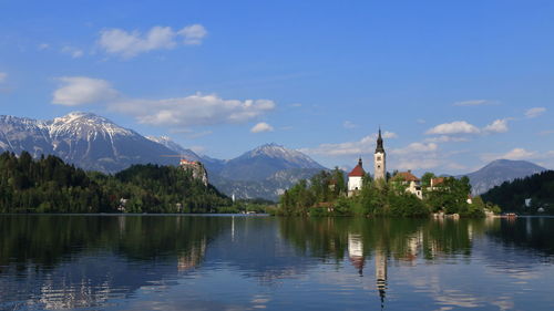 View of a lake with mountain range in the background