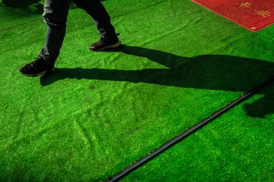 Low section of man standing on green grass