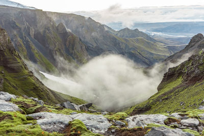 Scenic view of waterfall against sky