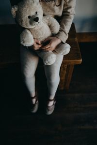 Low section of girl with stuffed toy sitting on table at home