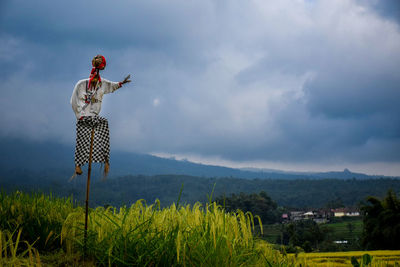 Scarecrow on rice paddy against cloudy sky