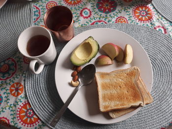 High angle view of breakfast served on table