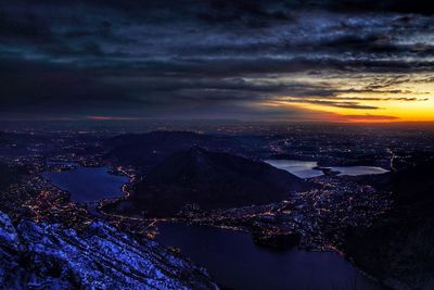 Aerial view of city at sunset