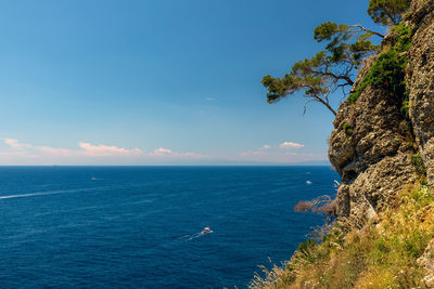 View of ligurian seaside from the cliff edge at portofino area, italy