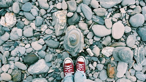 Low section of person standing on stones