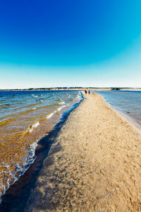 Scenic view of beach against clear blue sky