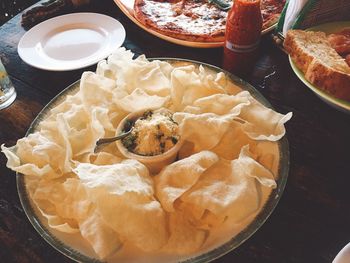 High angle view of meal served on table