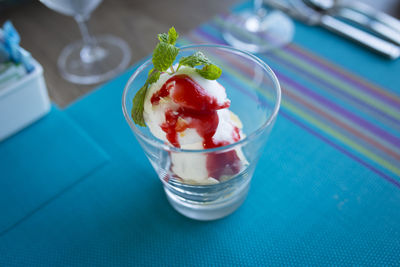 High angle view of dessert on table