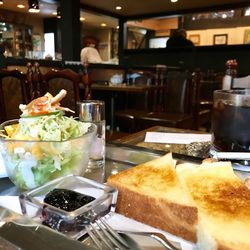 Close-up of served food in restaurant