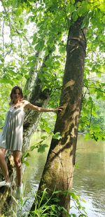 Full length of woman standing by trees over lake