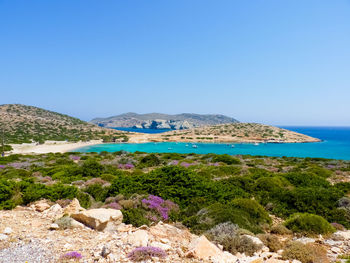 Scenic view of sea against clear blue sky