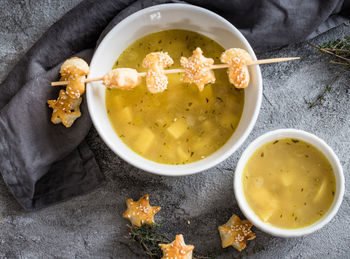 High angle view of soup in bowl on table