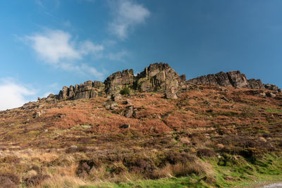 Low angle view of rock formations against sky