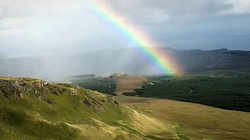 Scenic view of rainbow over mountains