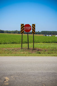 Stop sign on peanut field against clear sky