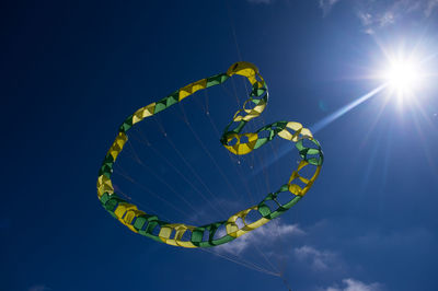 Low angle view of leaf against blue sky