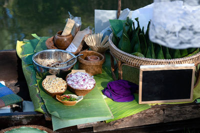 Thai food ingredients on banana leaves and wickerwork