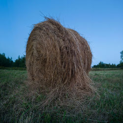 Hay bales on field against clear sky