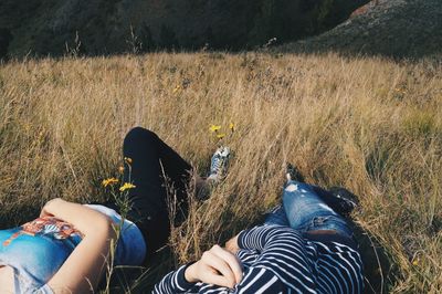 Low section of friends relaxing on grassy field