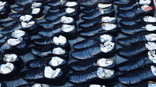 High angle view of shoes for sale