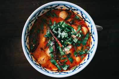 High angle view of soup in bowl on table