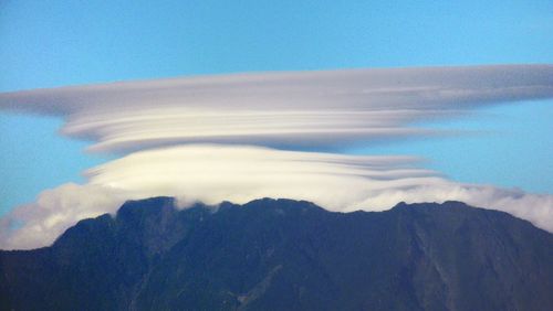 Scenic view of mountains against blue sky