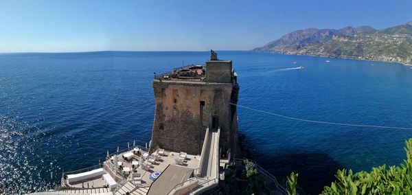 High angle view of sea against blue sky