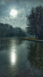 Wet lake by trees against sky