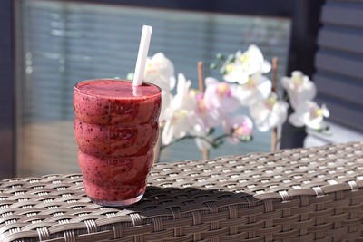 Close-up of drink served on table