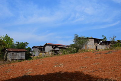 Houses on field against sky