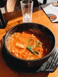 High angle view of soup in bowl on table